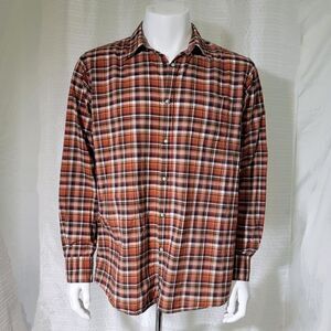 ShirtByShirt Men's M Lightweight Plaid Shirt Snap Close Burnt Orange Black
